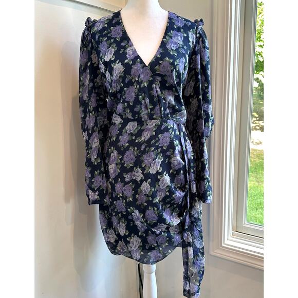 Saylor Merritt Chiffon Medium Purple Floral Blue Long Sleeve Dress Mini - Picture 2 of 11